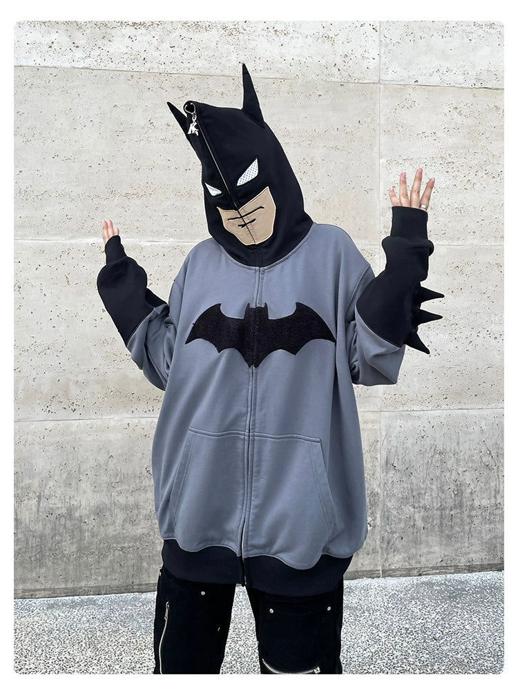 Von Batman inspirierter Hoodie – Übergroßes Superhelden-Sweatshirt in Grau und Schwarz mit Reißverschluss, 400 g/m²