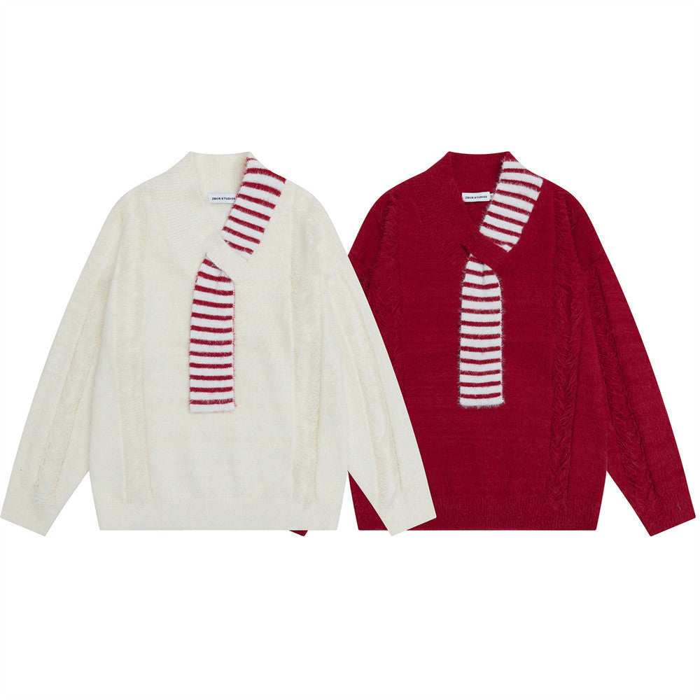 V-Neck Oversized Knit Sweater with Striped Scarf Detail