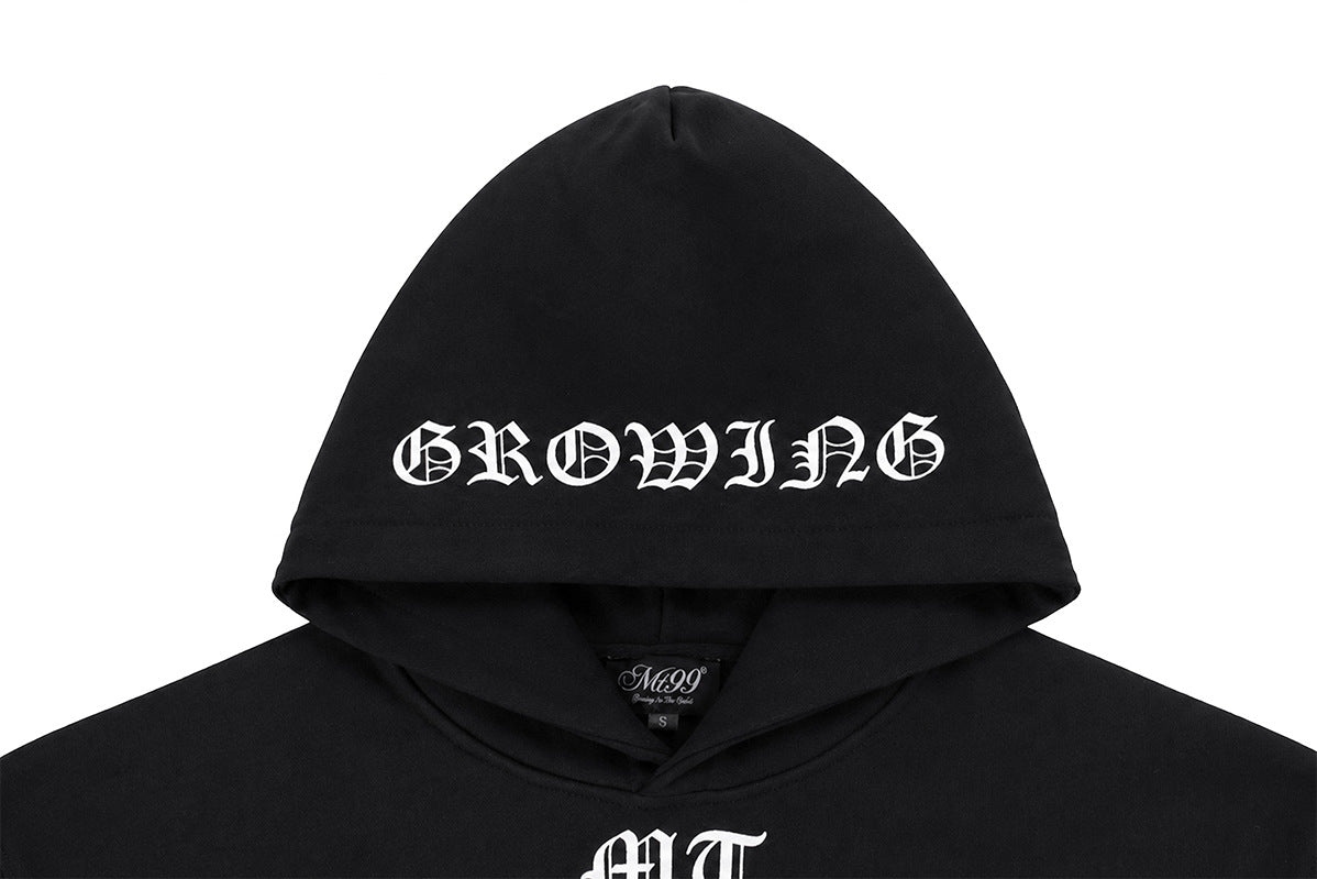 Oversized Black Hoodie with Old English 99 & Growing Mo Graphic Print
