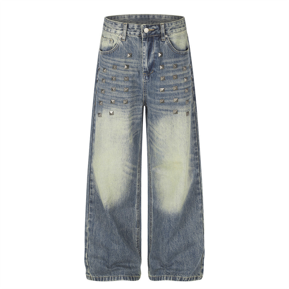 Jean homme coupe large – Denim délavé effet usé avec clous pyramidaux
