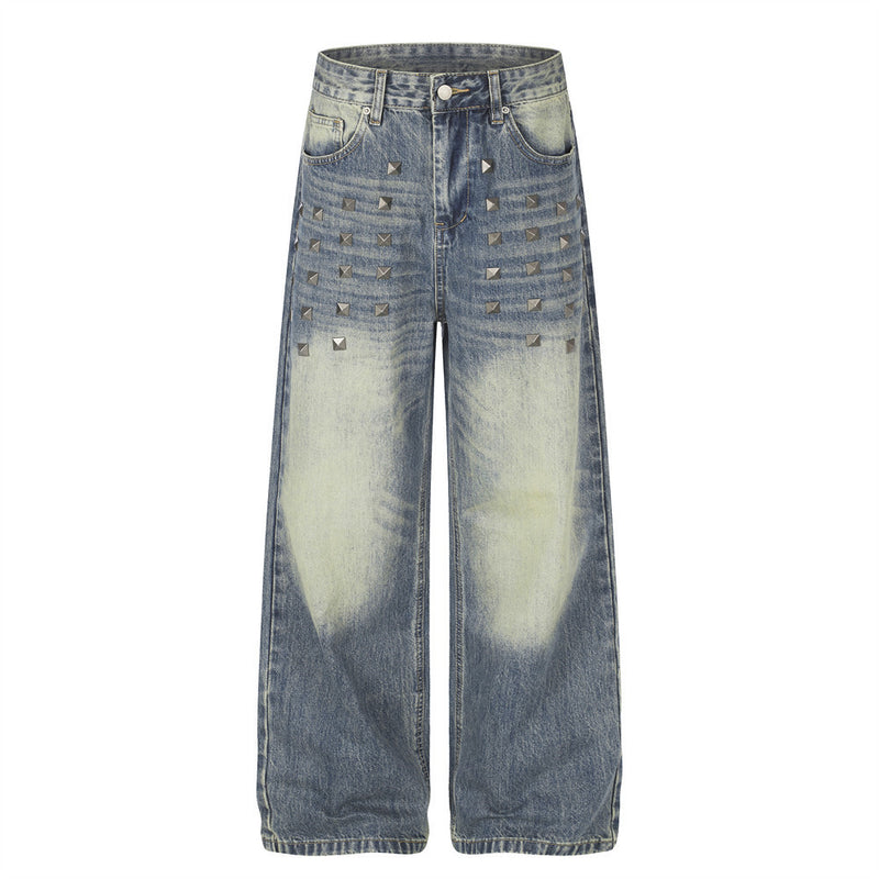 Jean homme coupe large – Denim délavé effet usé avec clous pyramidaux