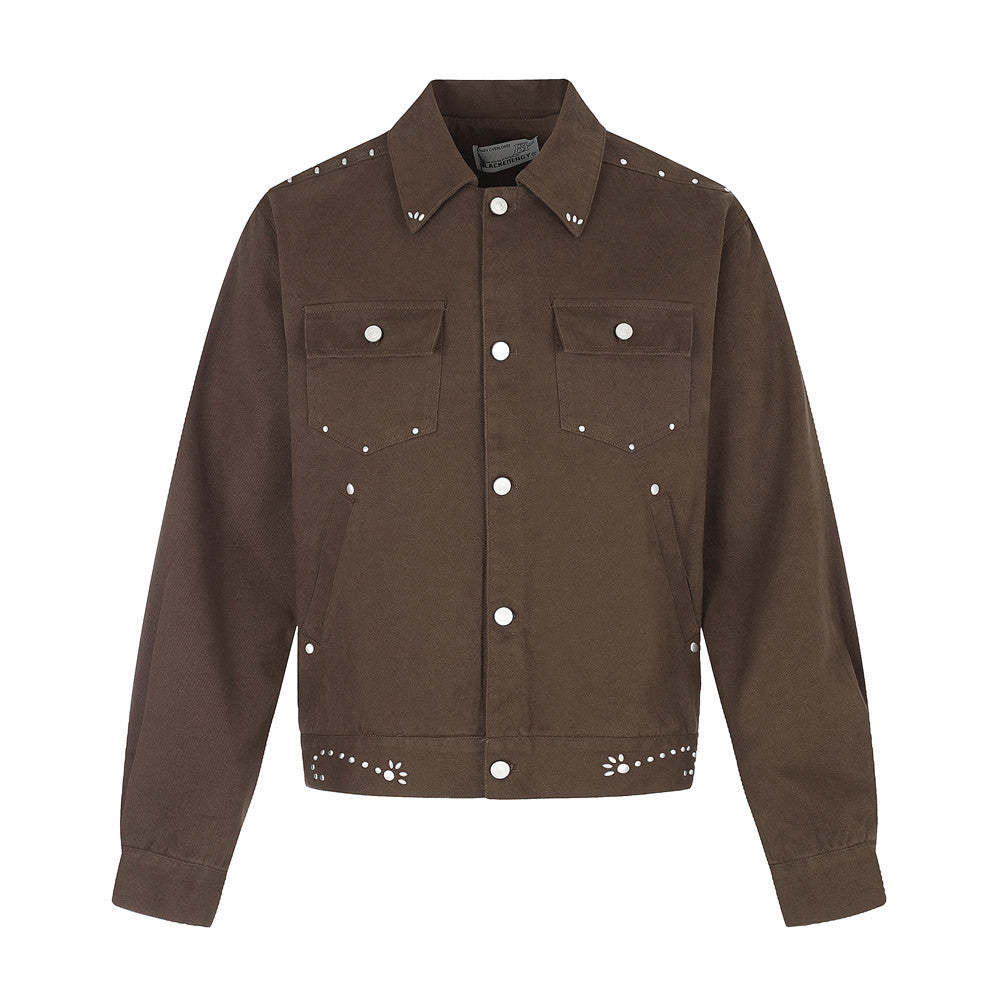 Men's Studded Denim Trucker Jacket – Short Cropped Fit with Silver Rivet Detail