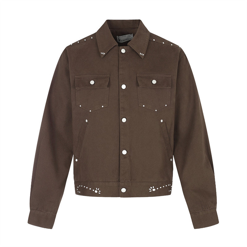 Men's Studded Denim Trucker Jacket – Short Cropped Fit with Silver Rivet Detail