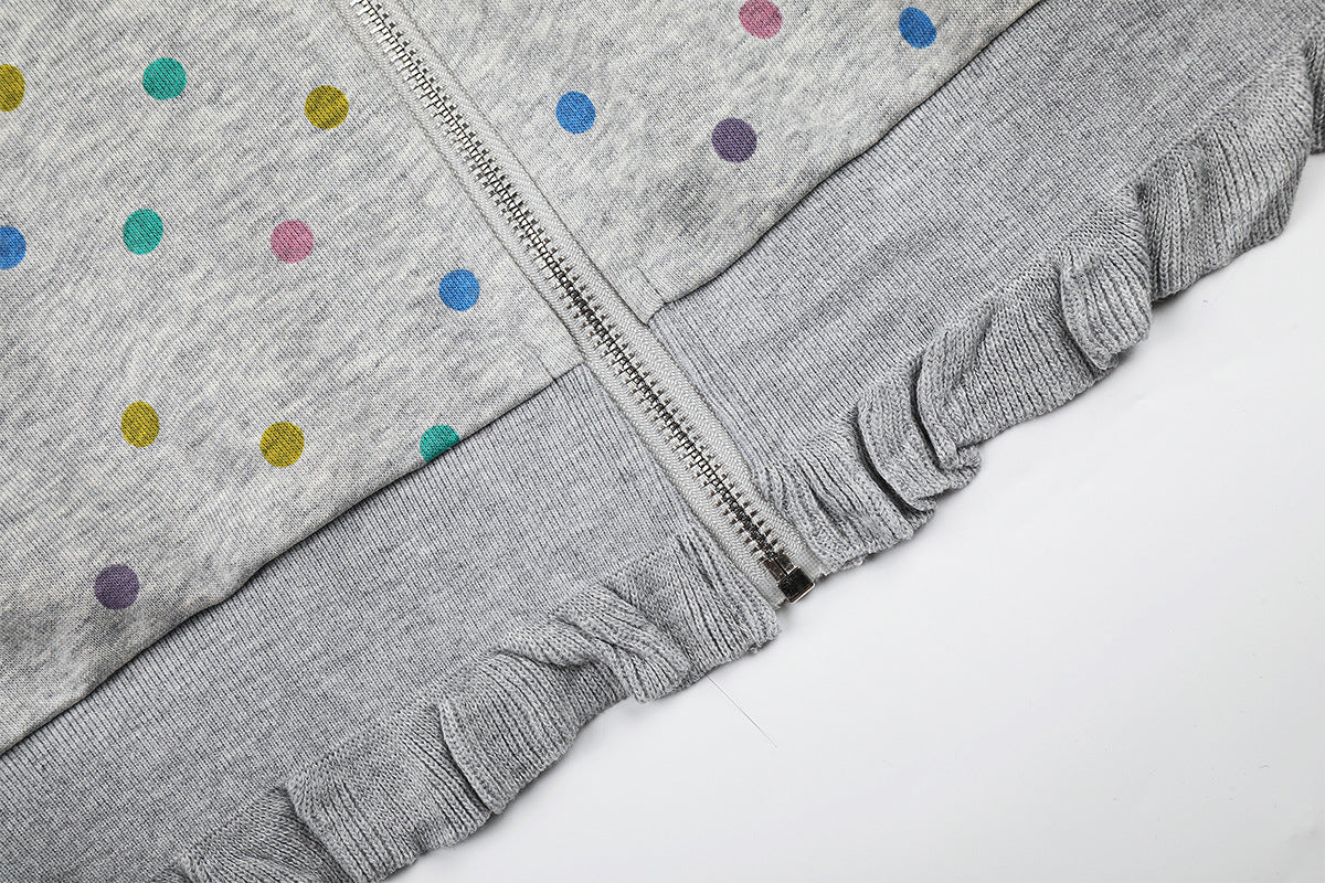 Sweat à capuche zippé pour femme – Sweat court gris à pois multicolores et volants