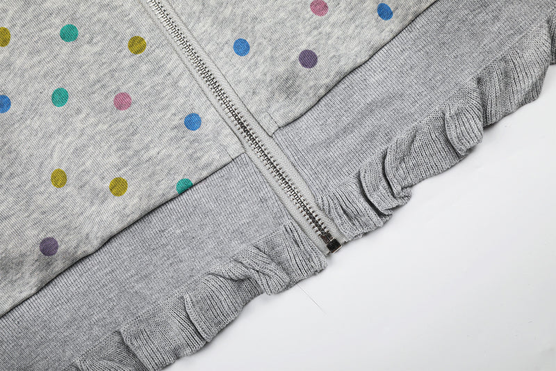 Sweat à capuche zippé pour femme – Sweat court gris à pois multicolores et volants