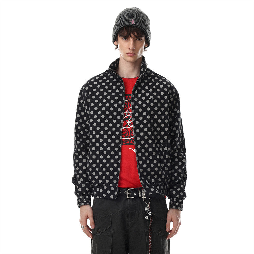 Men's Polka Dot Denim Track Jacket – Stand Collar Full-Zip Retro Streetwear