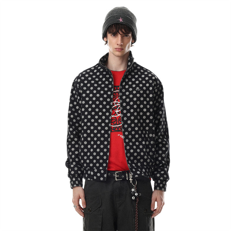 Men's Polka Dot Denim Track Jacket – Stand Collar Full-Zip Retro Streetwear