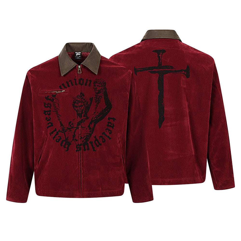 Burgundy velvet zip-up jacket with gothic figure print on front and nail cross graphic on back, contrast olive collar