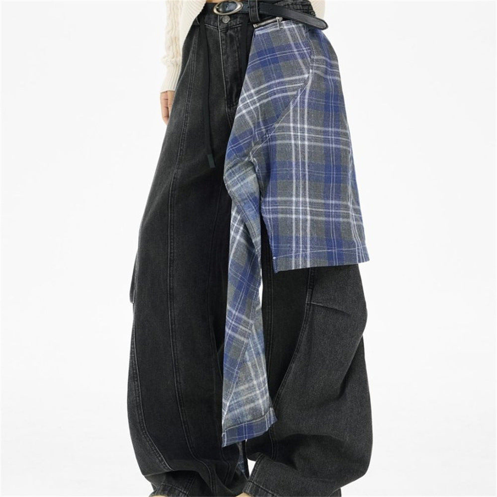 Wide-Leg Jeans with Detachable Plaid Skirt Overlay — Deconstructed Punk
