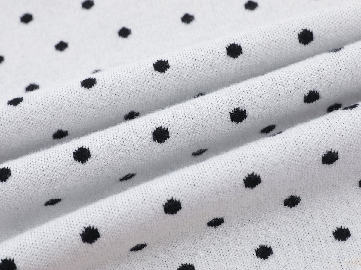 Polka Dot Mock Neck Knit Sweater Top with Cat Embroidery & Lettuce Hem