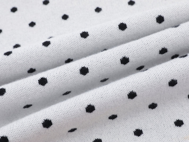 Polka Dot Mock Neck Knit Sweater Top with Cat Embroidery & Lettuce Hem