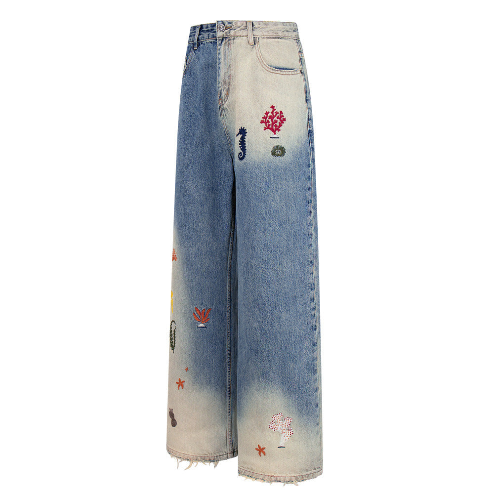 Wide-Leg Jeans with Ocean Embroidery & Gradient Wash