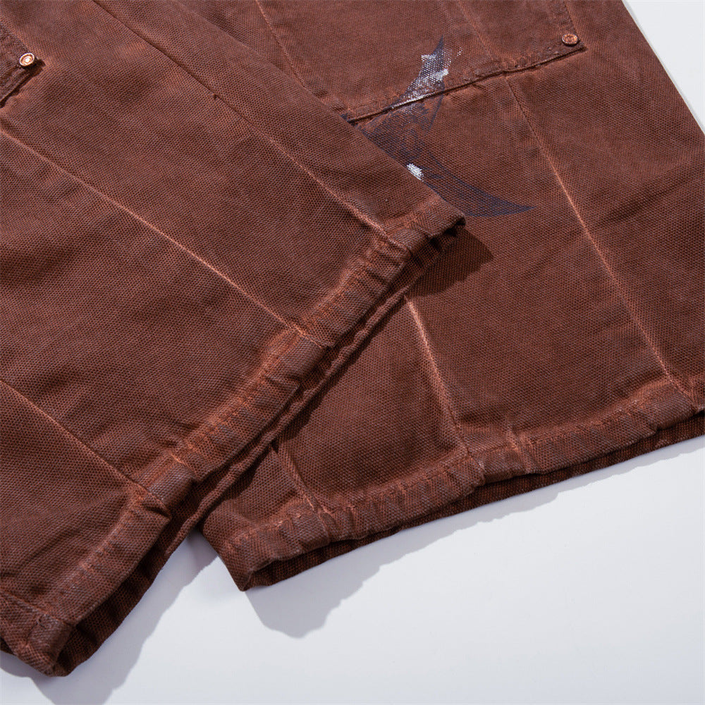 Wide-Leg Cargo Pants – Washed Brown Bird Print, Baggy Fit