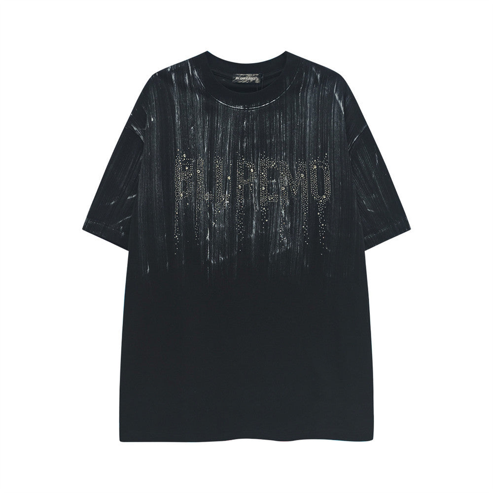 Graffiti Ink Splash Rhinestone Logo Oversized T-Shirt