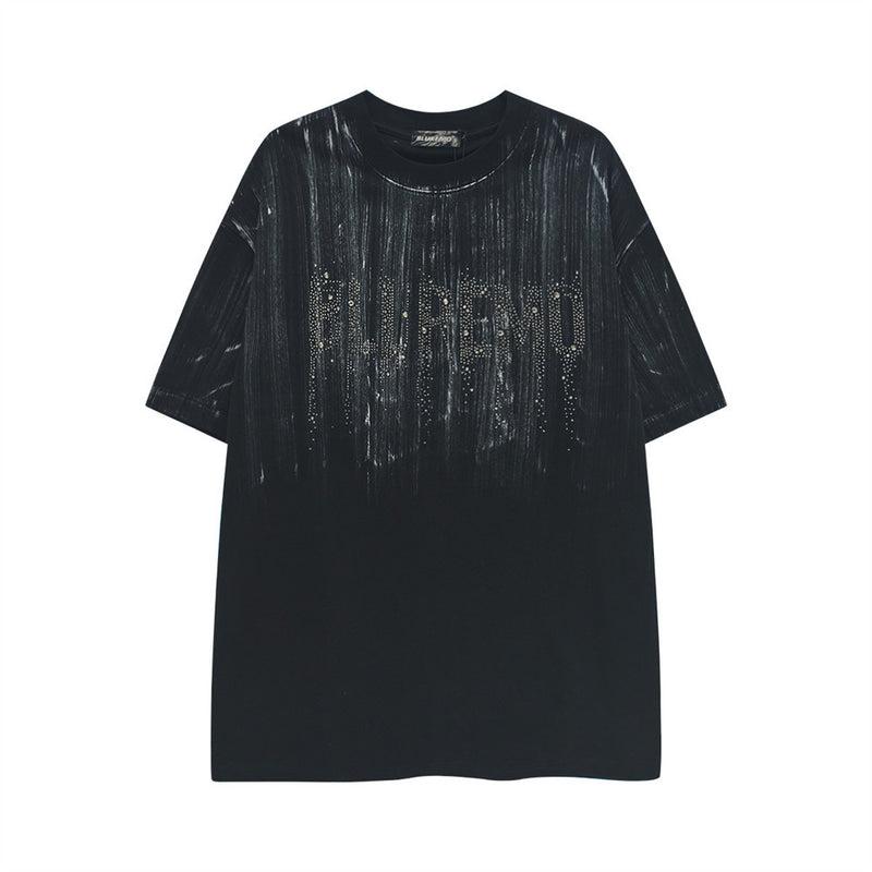 Graffiti Ink Splash Rhinestone Logo Oversized T-Shirt