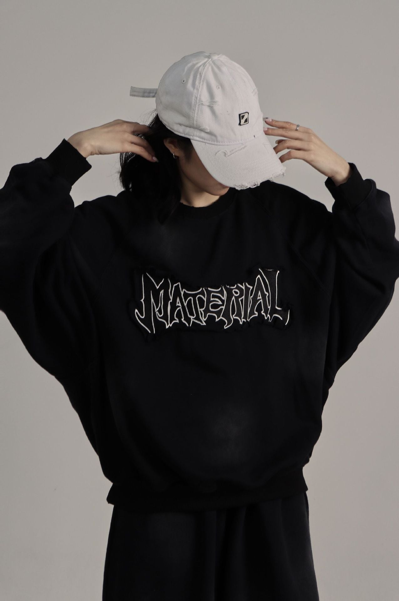 Men's Crew Neck Sweater Washed Distressed 'Material' Graphic Patch Sweatshirt