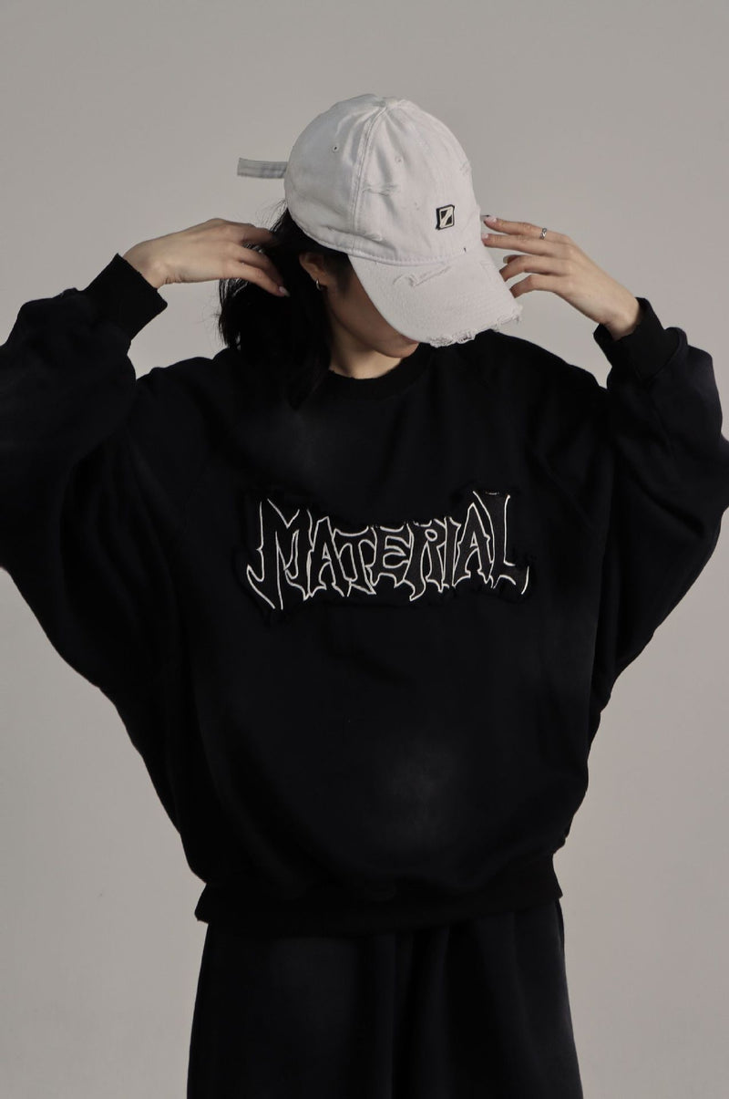 Men's Crew Neck Sweater Washed Distressed 'Material' Graphic Patch Sweatshirt