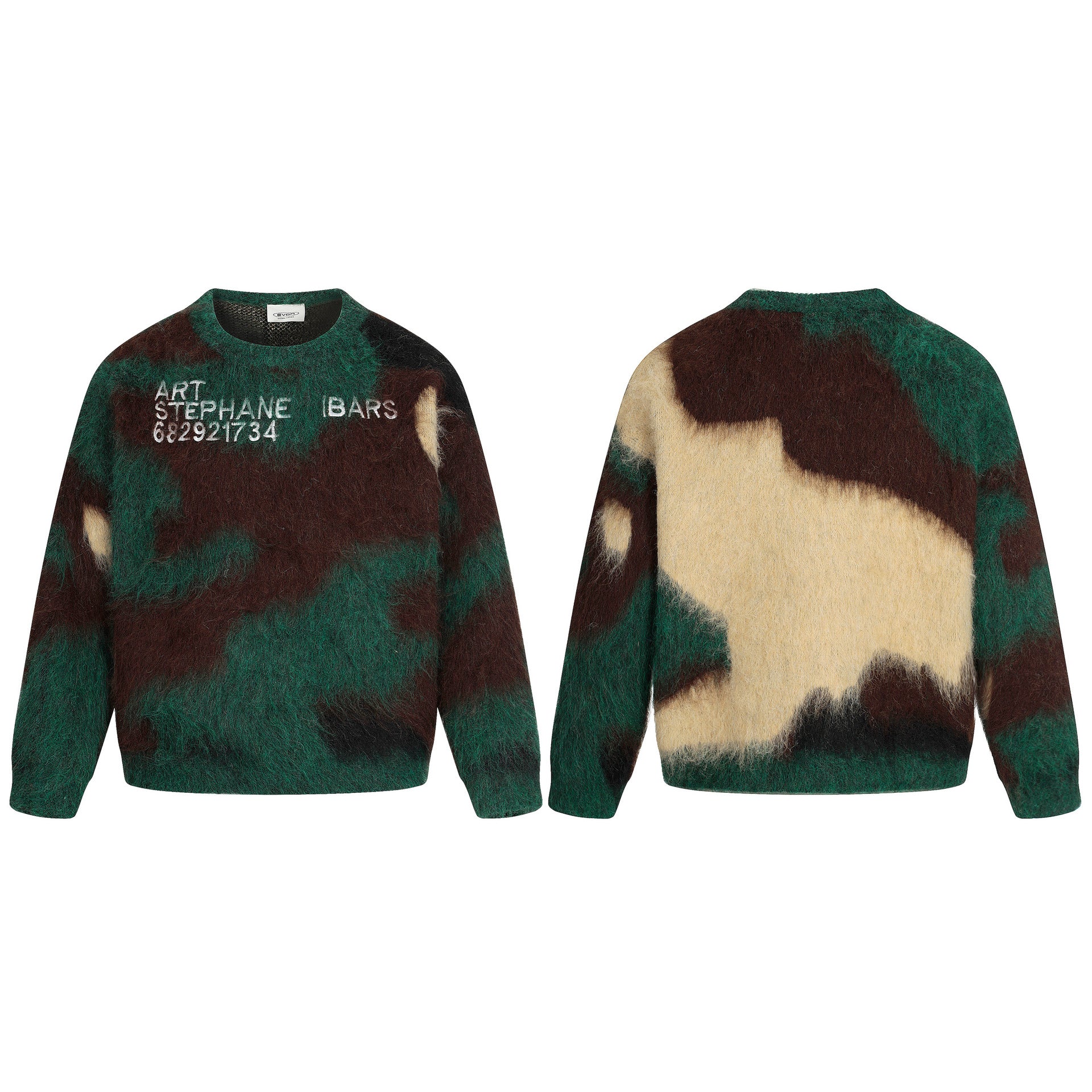 Men's Camo Print Fuzzy Mohair-Style Knit Sweater – Crew Neck