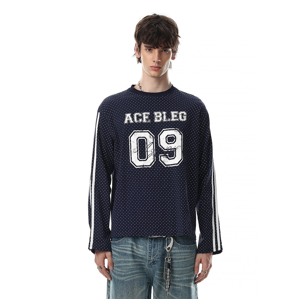 Men's Long Sleeve Tee Shirts – ACE BLEG 09 Varsity Number Polka-Dot Stripe Top