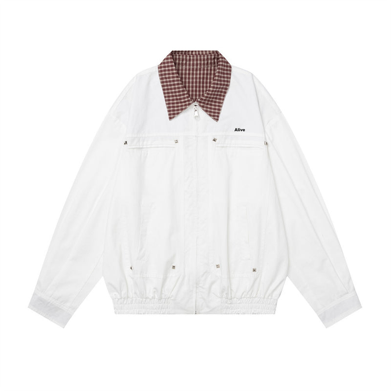 Oversized Harrington Jacket with Contrast Plaid Collar – Men's Relaxed Fit