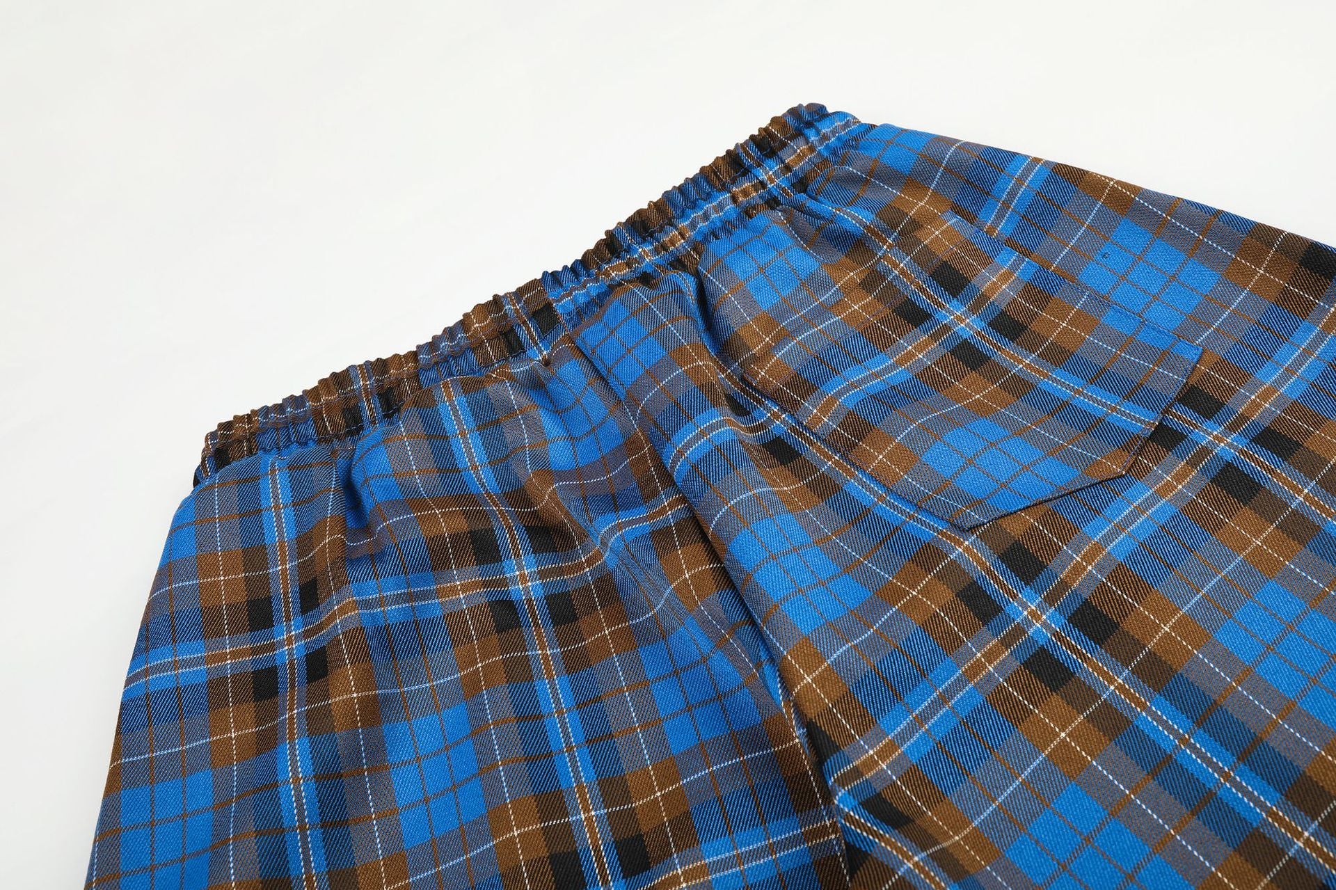 Wide-Leg Plaid Pants – Blue Tartan Baggy Fit with Crest Graphic & Drawstring Hem
