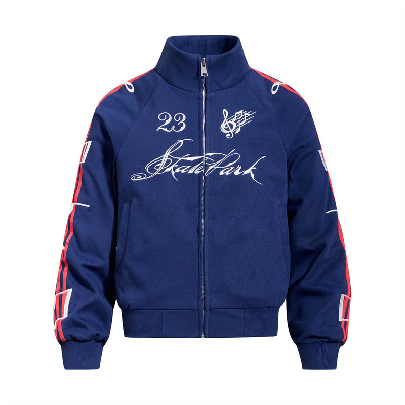 Track Jacket Stand Collar Music Note Embroidery Stripe Sleeves Skatepark 23