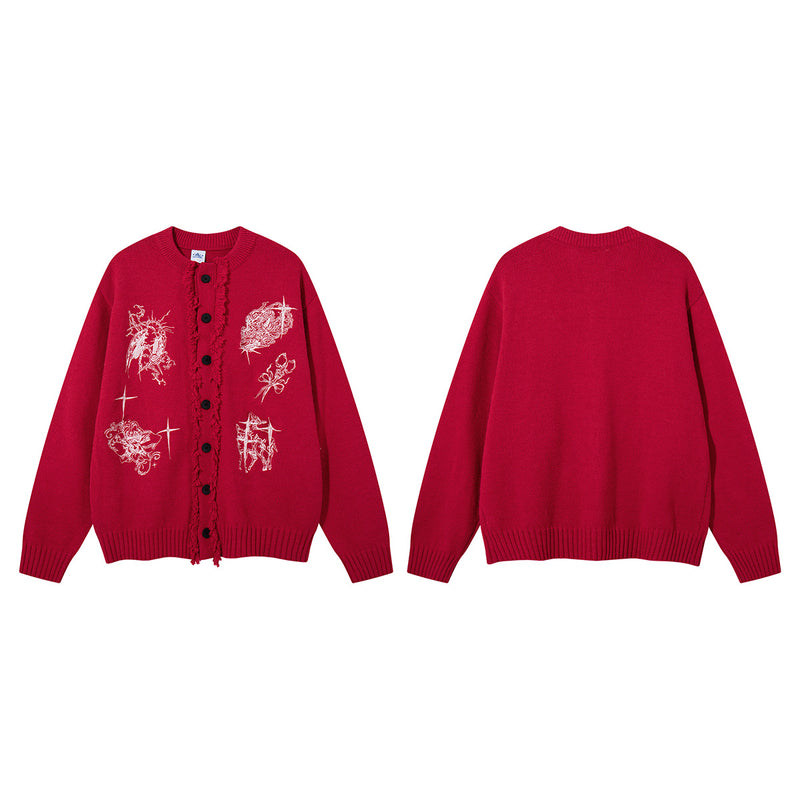 Gothic Embroidered Fringe Knit Cardigan Sweater – Oversized Button-Up