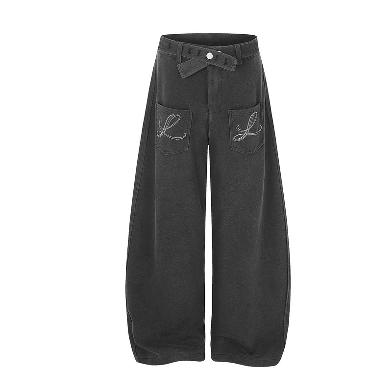 Pantalon habillé à jambes larges – Coupe baggy délavée avec poches brodées et ceinture croisée
