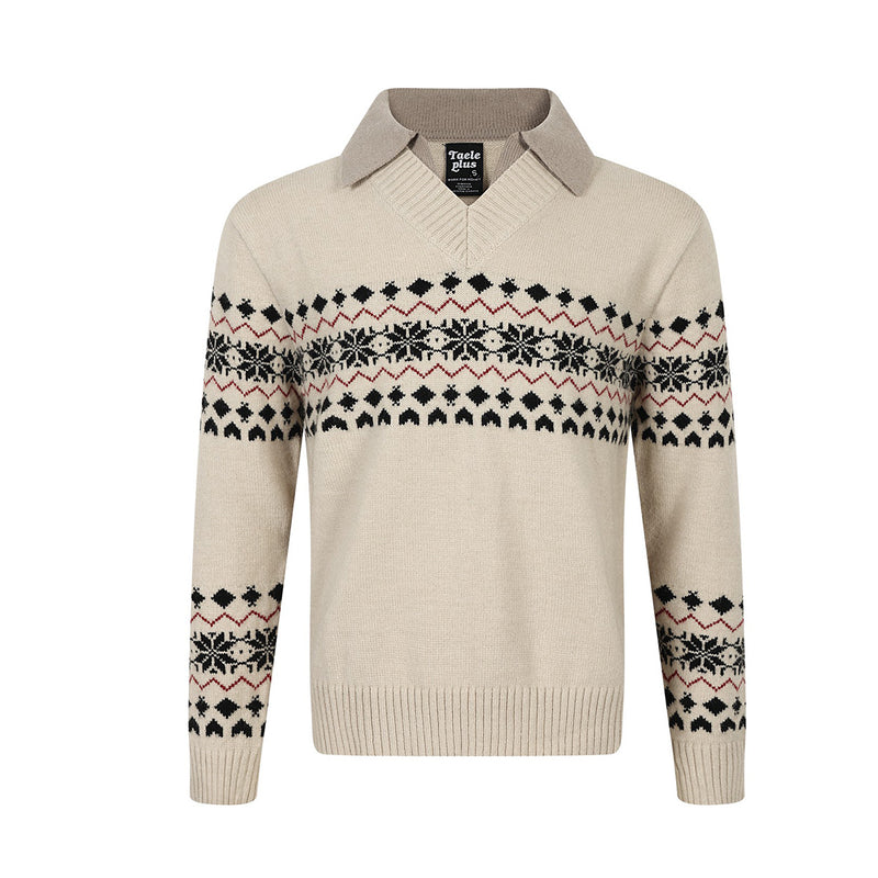 Fair Isle jacquard polo collar knit sweater in almond with snowflake and diamond pattern across chest and sleeves