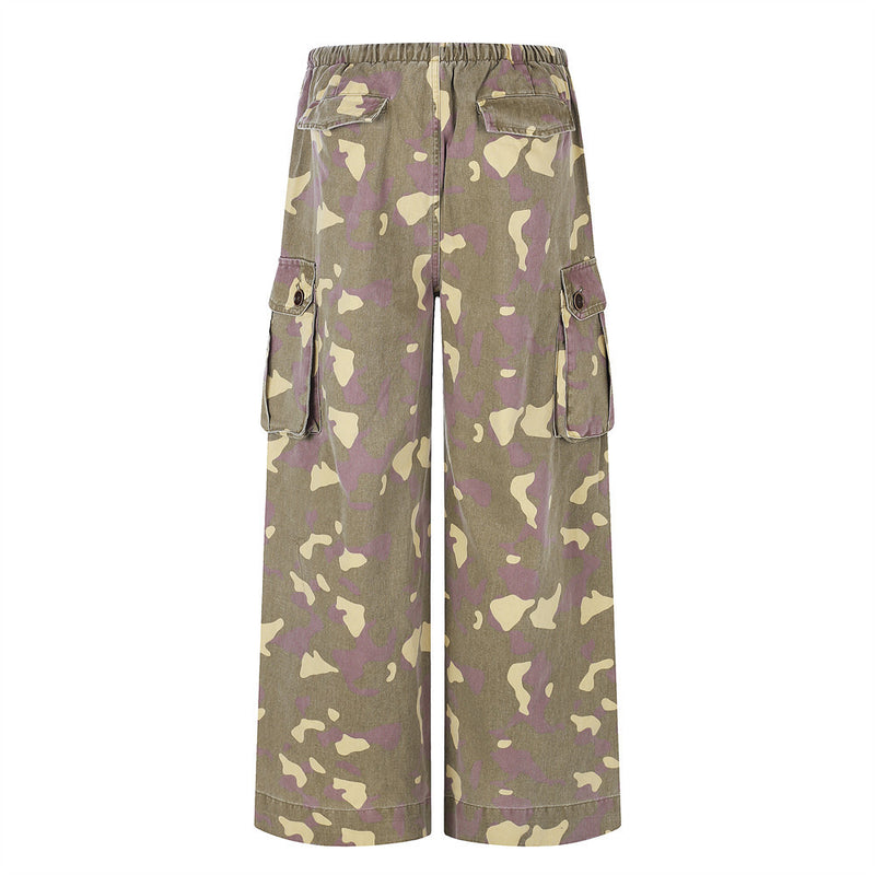 Camo Cargo Wide-Leg Pants – Vintage Washed, Multi-Pocket, Drawstring Waist