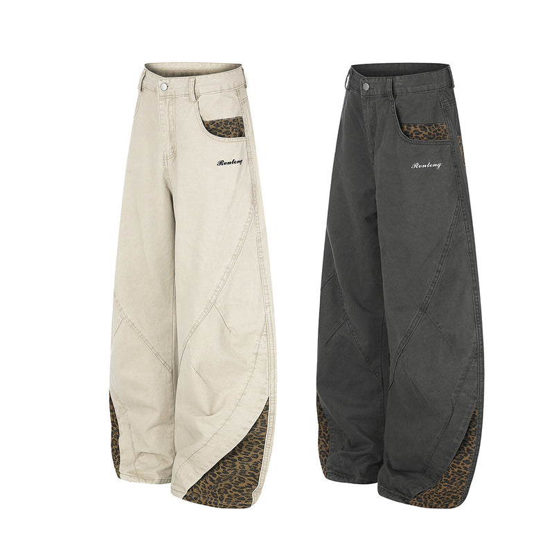 Pantalones de pierna ancha con paneles de estampado de leopardo – Pantalones banana de corte relajado