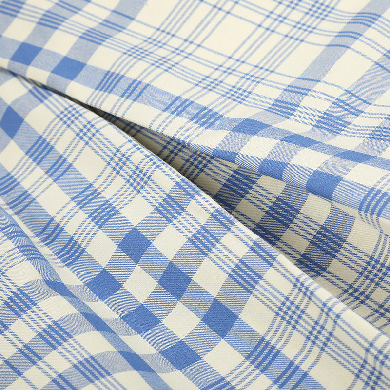 Wide-Leg Pleated Trousers in Blue Plaid Check
