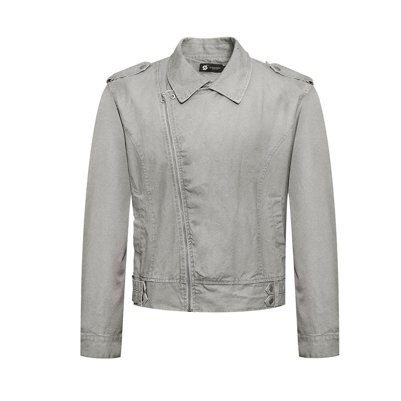 Men's Washed Asymmetric-Zip Moto Jacket with Epaulettes