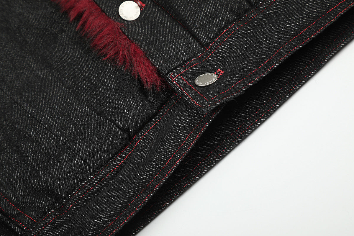 Black Denim Fur Collar Padded Jacket with Red Trim & Snap Buttons