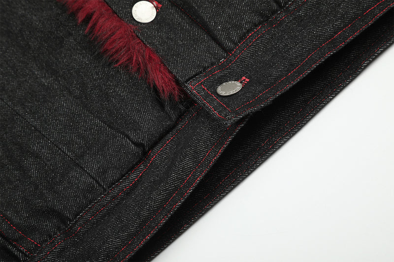 Black Denim Fur Collar Padded Jacket with Red Trim & Snap Buttons