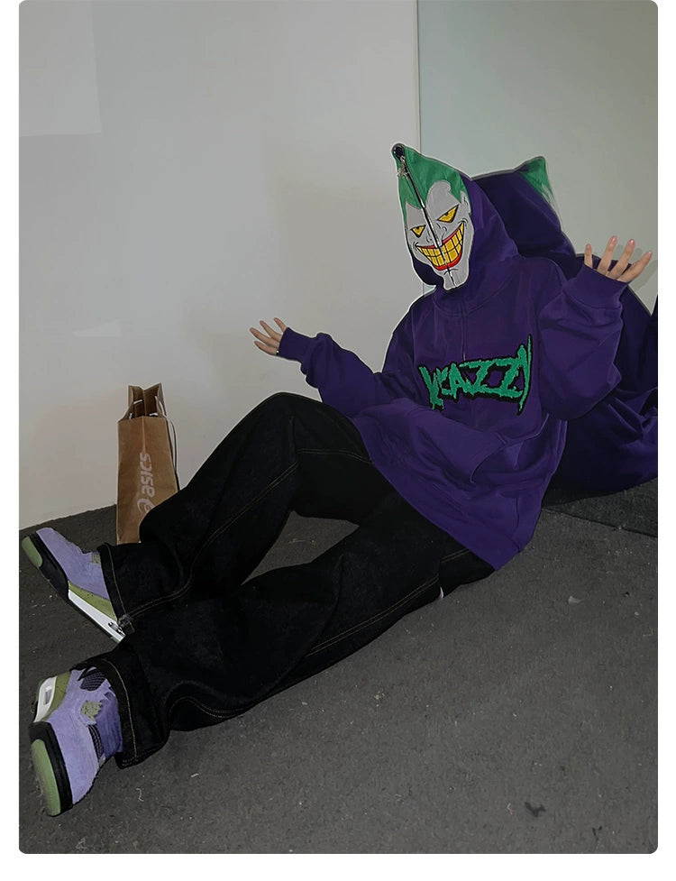 Vom Joker inspirierter Hoodie – Übergroßes, lila Superschurken-Sweatshirt mit Reißverschluss, 400 g/m²