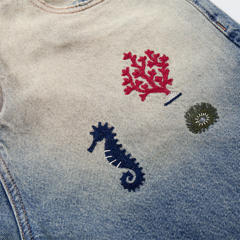 Wide-Leg Jeans with Ocean Embroidery & Gradient Wash