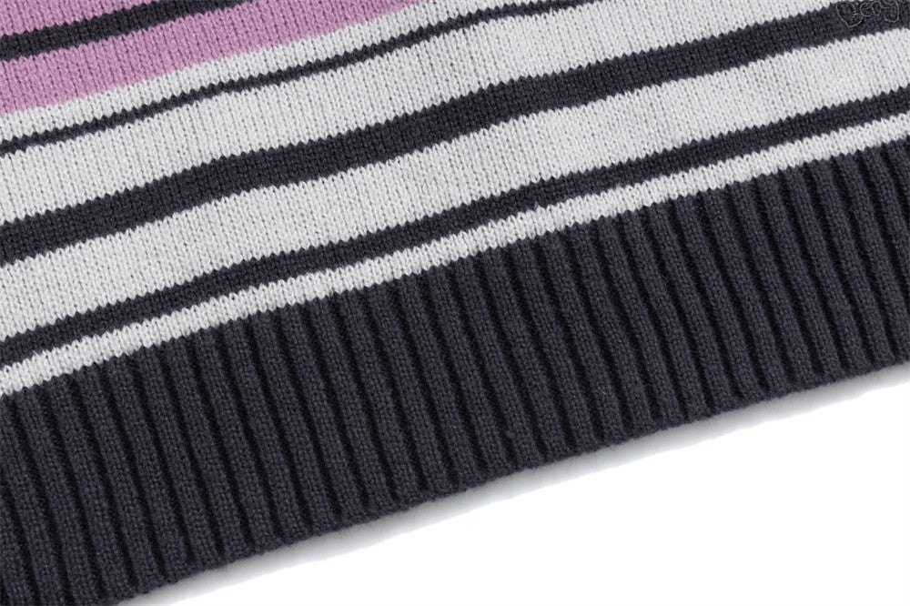 Striped V-Neck Sweater Vest with Dog Embroidery – Relaxed Fit Knit