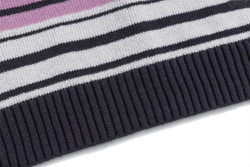 Striped V-Neck Sweater Vest with Dog Embroidery – Relaxed Fit Knit