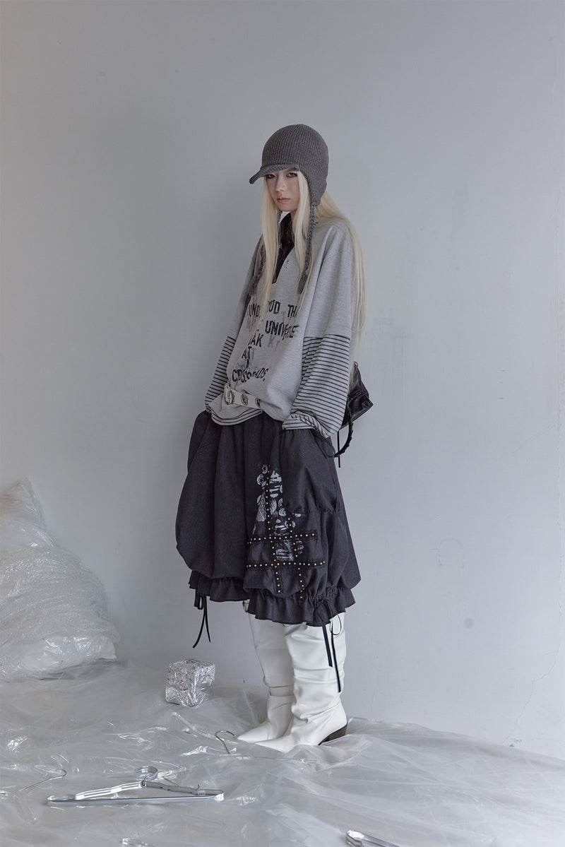 Faux Two-Piece Polo Sweatshirt with Striped Sleeves and Letter Print — Grey