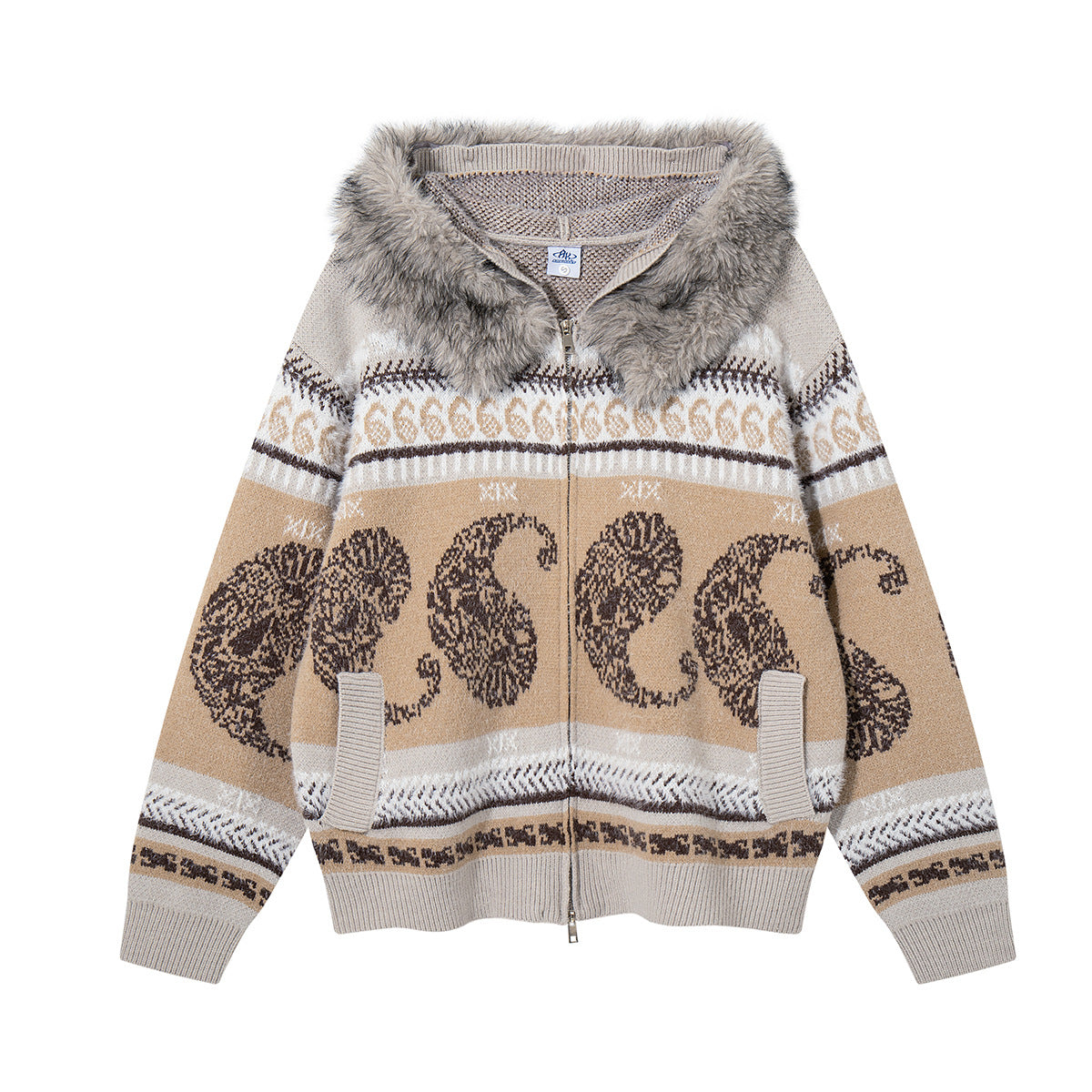 Paisley Fair Isle knit zip-up hoodie with faux fur-trimmed hood in beige colorway, front view