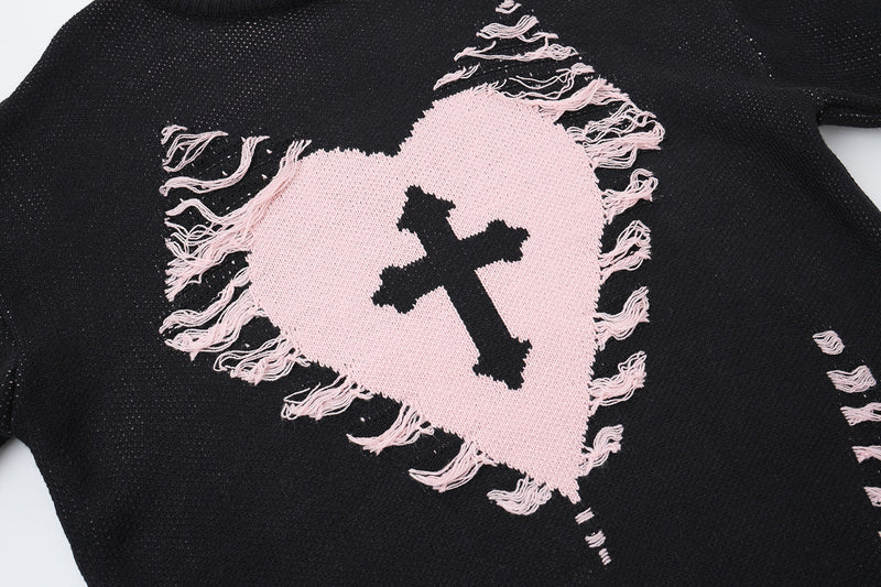 Pull à col montant Cross Heart en maille délavée – Jacquard gothique sombre à franges