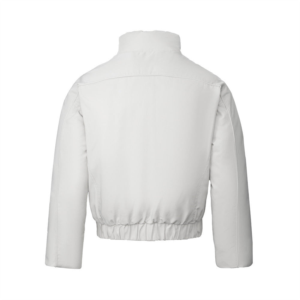 Oversized Puffer Bomber Jacket – Stand Collar, Geometric Seam Detail