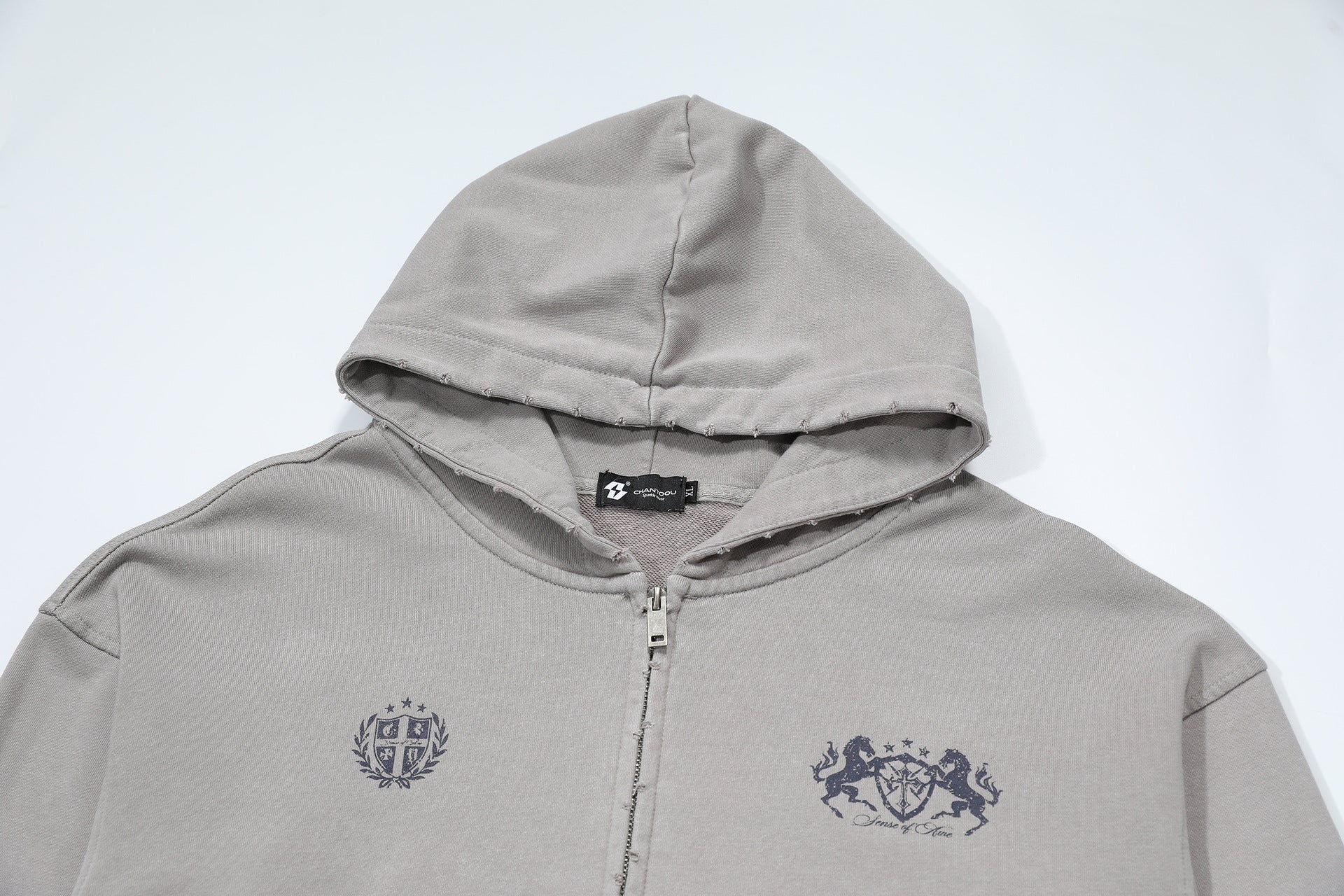 Zip-Up Cropped Hoodie Acid Wash Heraldic Crest Streetwear