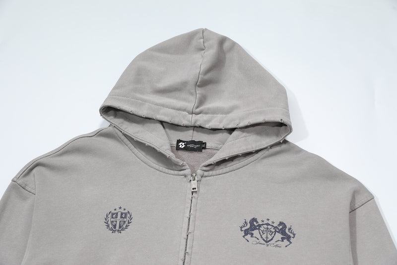 Zip-Up Cropped Hoodie Acid Wash Heraldic Crest Streetwear