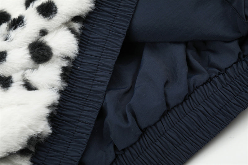 Reversible Stand-Collar Jacket Men's Dalmatian Faux Fur & Nylon Oversized Bomber