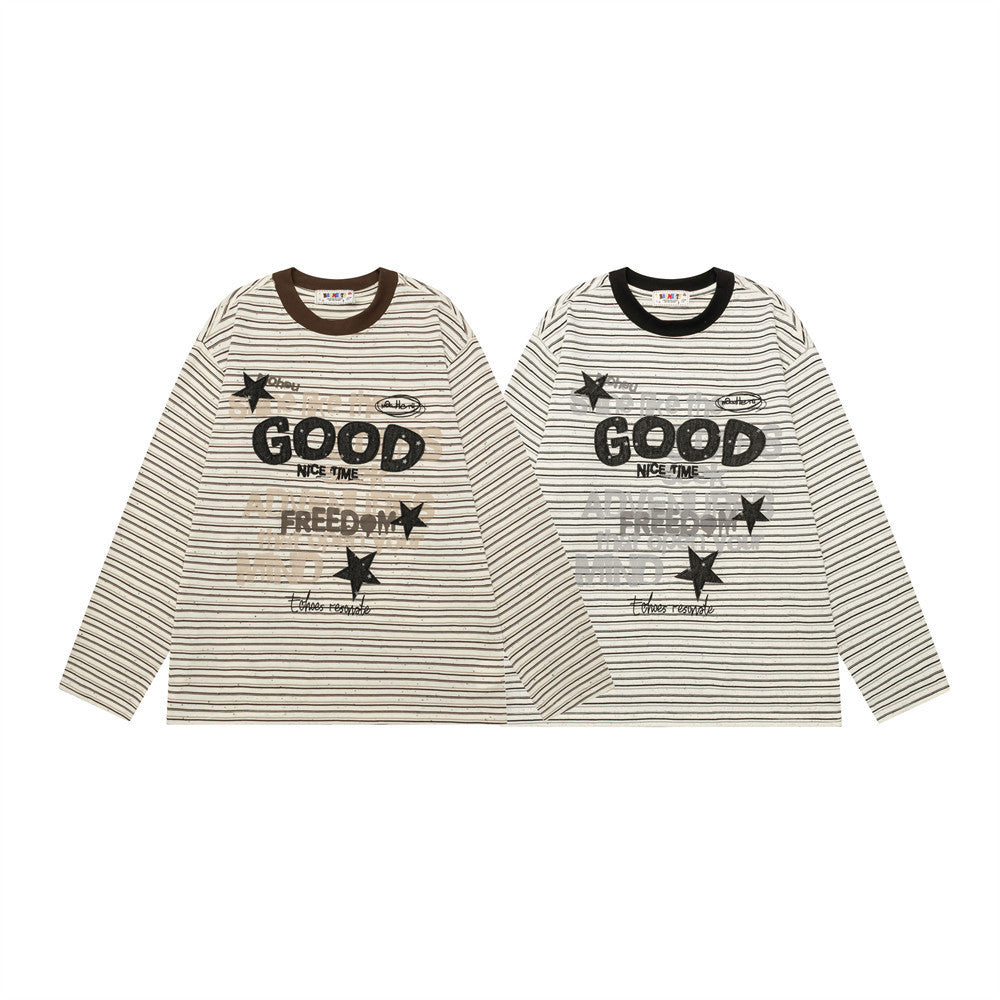 Gestreiftes Longsleeve mit Grafikprint – Retro-amerikanischer Schriftzug, Relaxed Fit