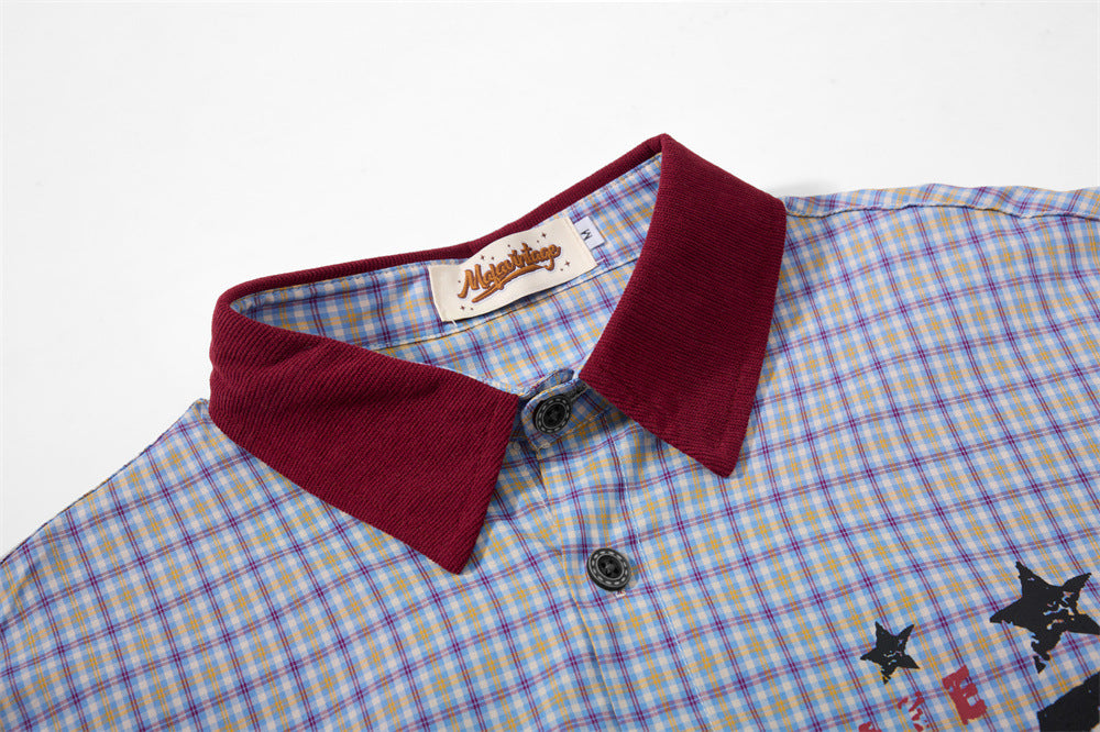 Plaid Long-Sleeve Shirt with Varsity Graphic Print and Contrast Collar