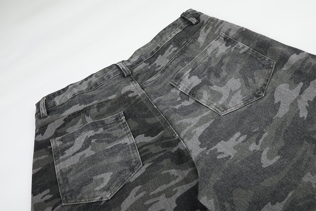 Camo Wide-Leg Cargo Denim Pants with Varsity Patches