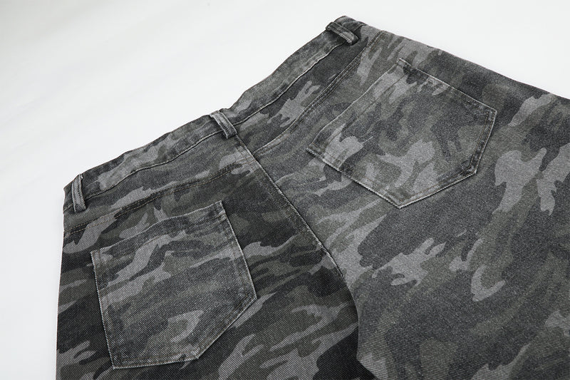 Camo Wide-Leg Cargo Denim Pants with Varsity Patches